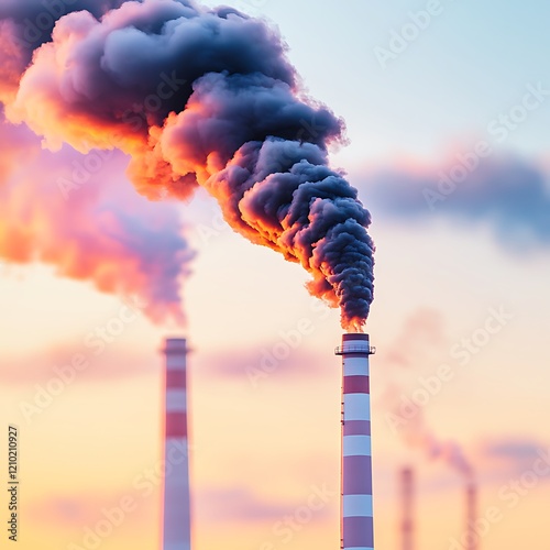 pm 2.5 pollution weather Industrial smokestacks release dark smoke against a colorful sunset sky. photo