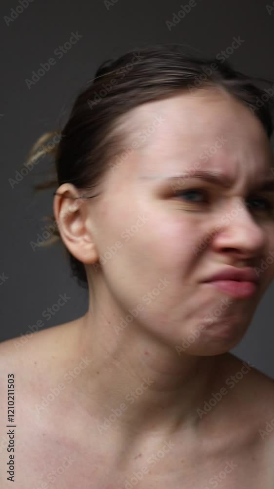 young girl looks at the camera and expresses the emotion of denial and smiles. girl says -no