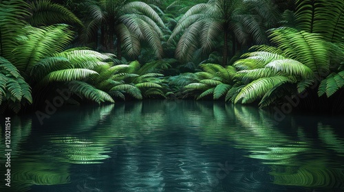 Fototapeta Naklejka Na Ścianę i Meble -  Tropical jungle pond reflection background