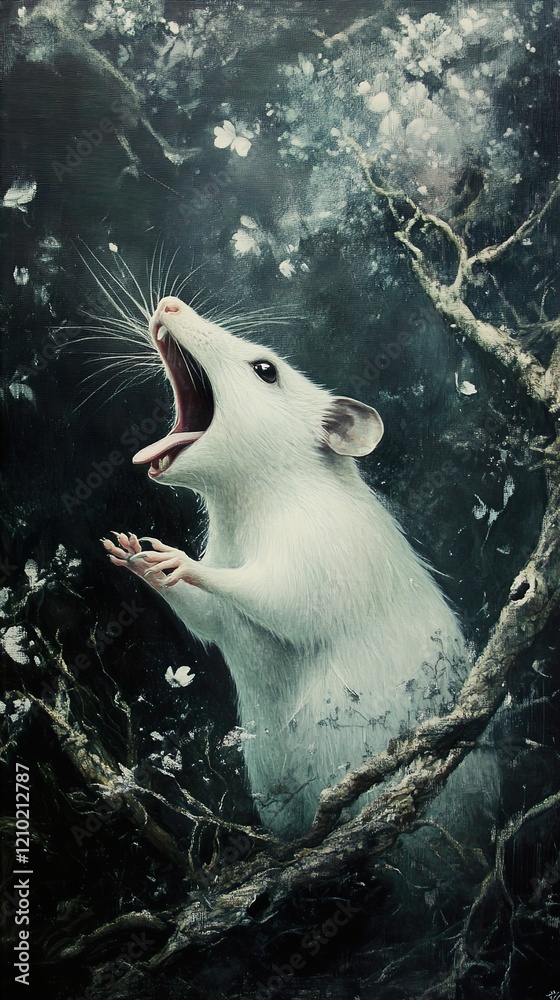 Obraz premium White Rat in the Dark Forest: A Mystical Painting