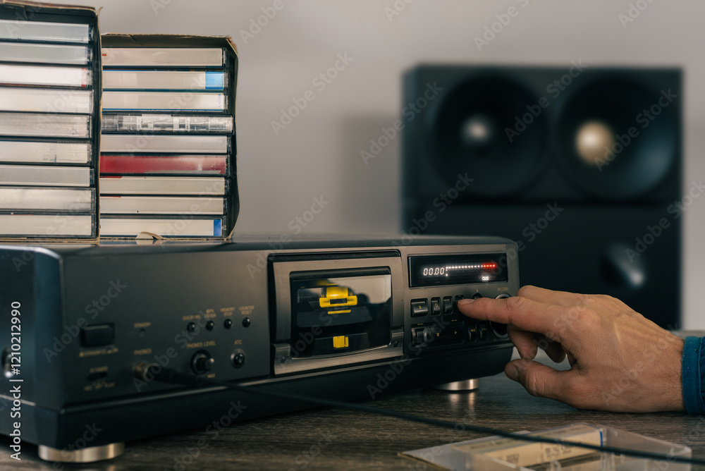 Fototapeta premium Closeup photo of man pressing play on vintage stereo cassette recorder. Room setup with vintage audio gear, including a cassette recorder, emphasizing nostalgia and music enjoyment