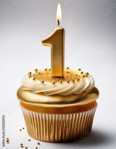 Decorated gold cake for birthday or anniversary party, candle number 1, white background photo