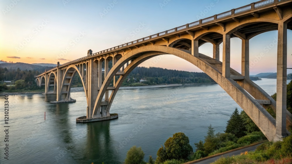 Fototapeta premium Arched concrete bridge spanning wide Columbia River, river currents, scenic views, water flow, modern construction, modern architecture