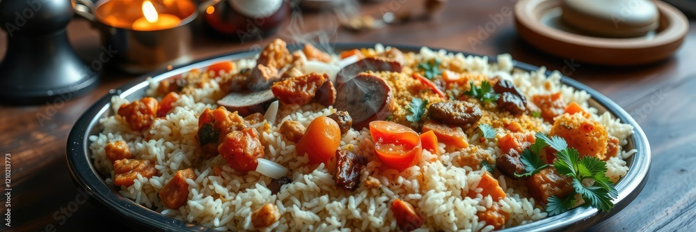 Aromatic biryani platter on a wooden table with steaming hot rice and flavorful vegetables, wood, market Aromatic biryani platter on a wooden table with steaming hot rice and flavorful vegetables, wood, market