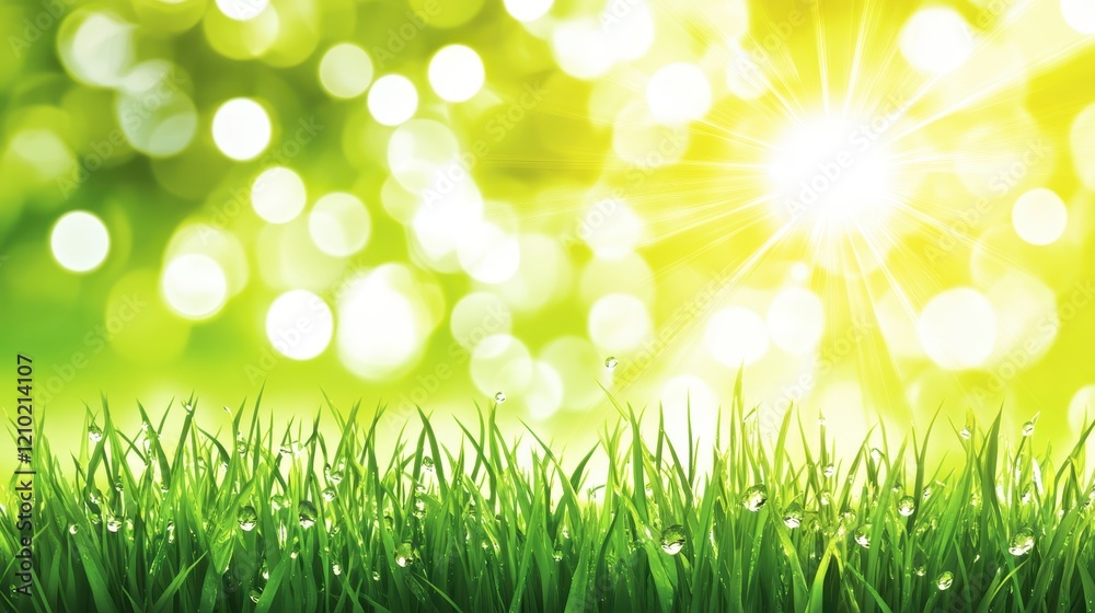 Fototapeta premium Vibrant Green Grass with Dew Drops Sunny Bokeh Background Spring Nature Scene