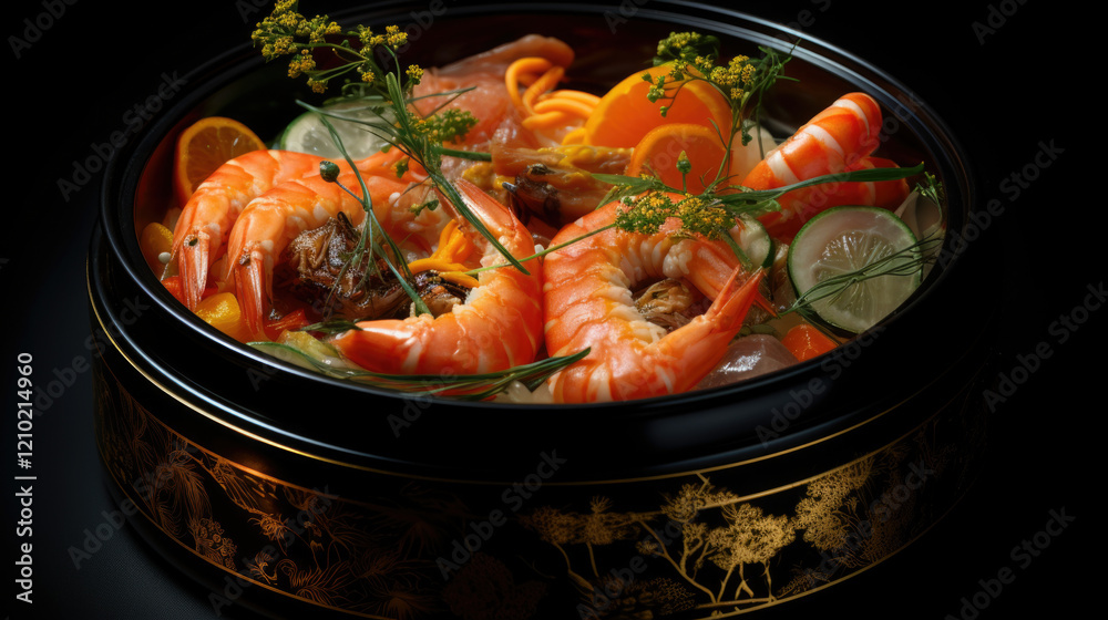 A luxurious Japanese seafood dish in a black lacquered bowl, featuring vibrant prawns, fresh citrus, and artistic garnishes, celebrating the elegance of traditional Japanese cuisine. A luxurious Japanese seafood dish in a black lacquered bowl, featuring vibrant prawns, fresh citrus, and artistic garnishes, celebrating the elegance of traditional Japanese cuisine.