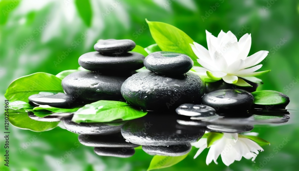 Obraz premium black smooth flat stones set against a background of green leaves with a lotus flower, for relaxation procedures and cosmetic services, goods.