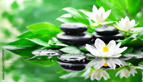 black smooth flat stones set against a background of green leaves with a lotus flower, for relaxation procedures and cosmetic services, goods.