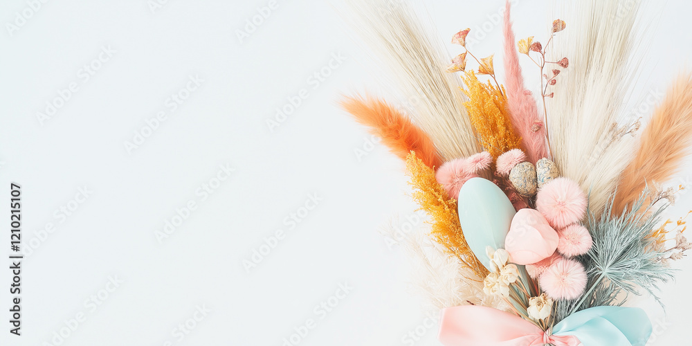Fototapeta premium Minimalist Easter wreath with pampas grass, dried flowers, and pastel ribbons on a cream backdrop