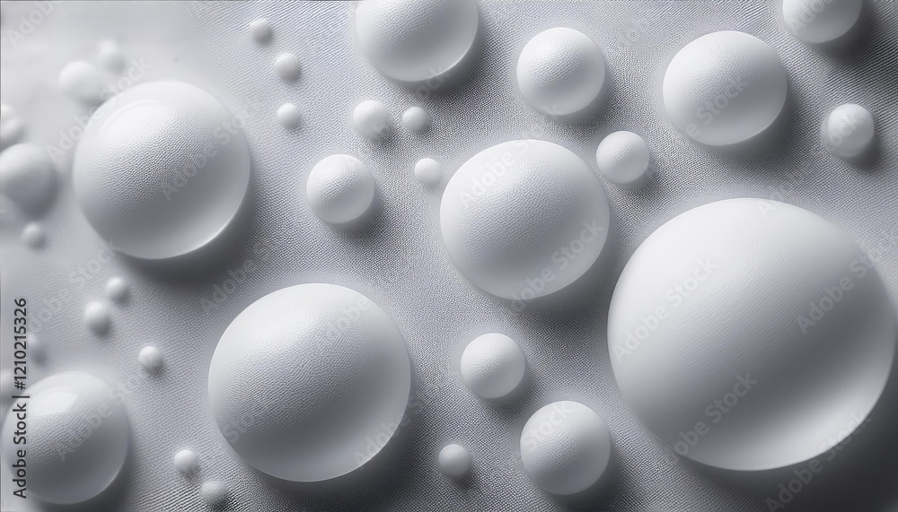 Close-up of white, textured spheres of various sizes on a metallic surface. Close-up of white, textured spheres of various sizes on a metallic surface.