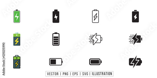 Battery fast charging features and issues icon set in black and colorful style. Battery symbols with fast charging, exclamation, low, plus, minus, tick and full charge signs