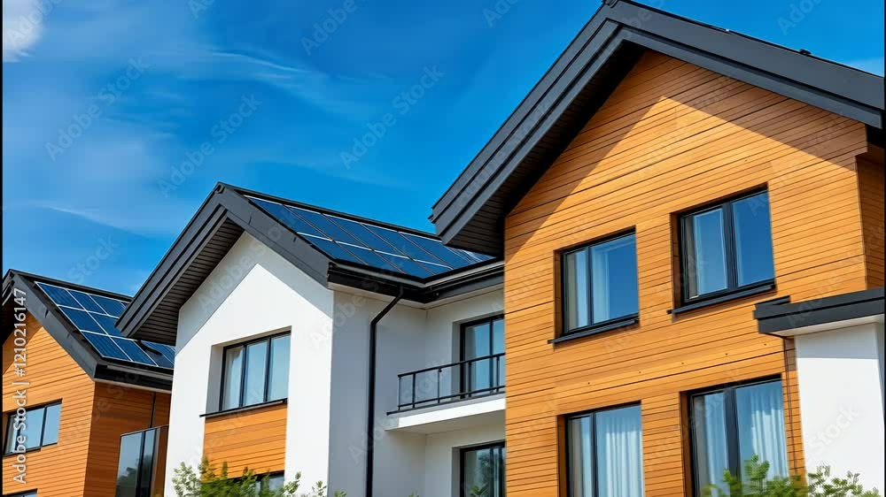 Stunning modern homes with solar panels basking in bright sunlight against a clear blue sky Stunning modern homes with solar panels basking in bright sunlight against a clear blue sky