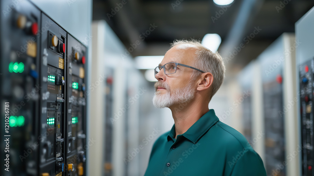 Professional technician checking air circulation in server room, maintaining critical cooling systems for high-performance computing infrastructure Professional technician checking air circulation in server room, maintaining critical cooling systems for high-performance computing infrastructure