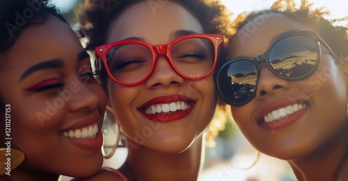 Portrait de trois femmes noires magnifiques, souriante portant des lunettes rouges et s'amusant lors d'une fête d'été sur une plage. photo