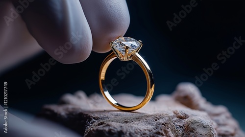 Jewelry appraiser examines a gold ring through magnifying glass monocular. Professional goldsmith manufacturing or repair luxury wedding engagement ring