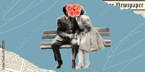 Vintage collage of a kissing couple on a bench. Valentine's Day card. Dadaism design with a romantic vibe.