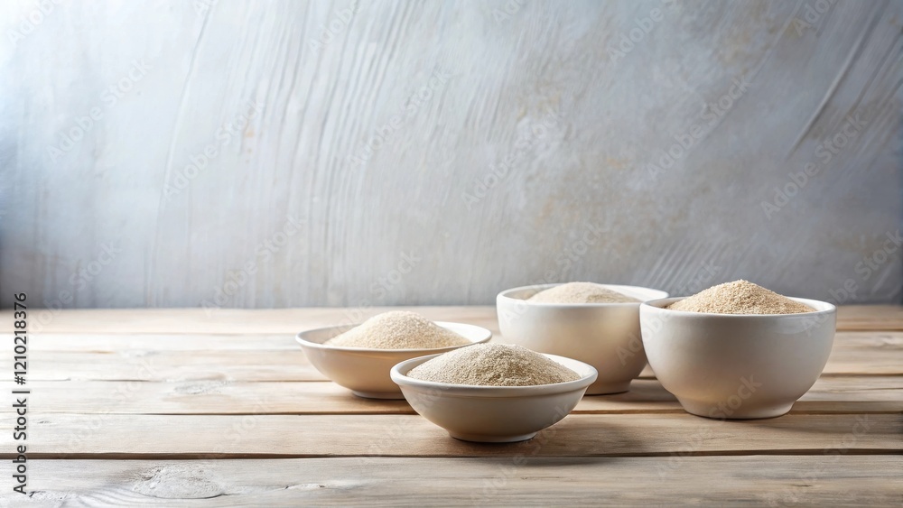 A collection of small and large bowls filled with fine grain on a rustic wooden surface A collection of small and large bowls filled with fine grain on a rustic wooden surface