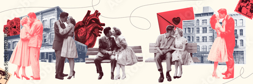 Halftone vintage valentines day collage. A set of elements with romantic kissing couples, retro city building, heart, and more.