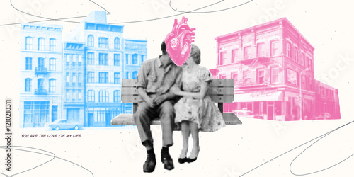 Vintage collage of a kissing couple on a bench. Valentine's Day card. Dadaism design with a romantic vibe.