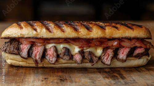 Delicious grilled steak sandwich with melted cheese and caramelized onions on toasted bread