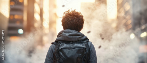 young person with backpack stands in smog filled city street, surrounded by hazy atmosphere and urban buildings. scene conveys sense of contemplation and urban life photo