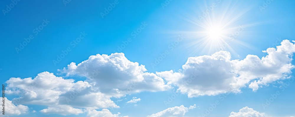 Brilliant sunlight illuminating fluffy white clouds against azure sky, radiating calm and tranquil summer landscape