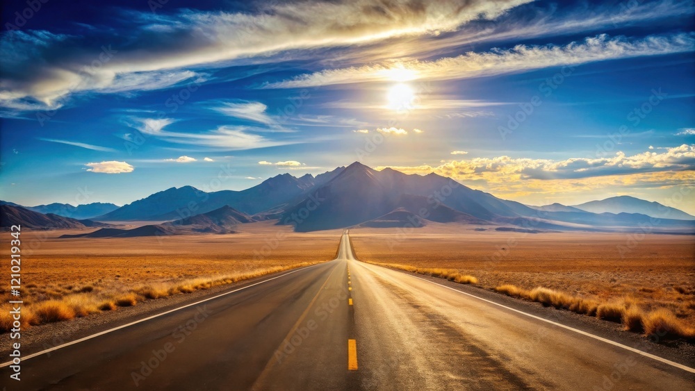 Fototapeta premium Asphalt Road Cutting Through a Majestic Mountain Range at Sunset