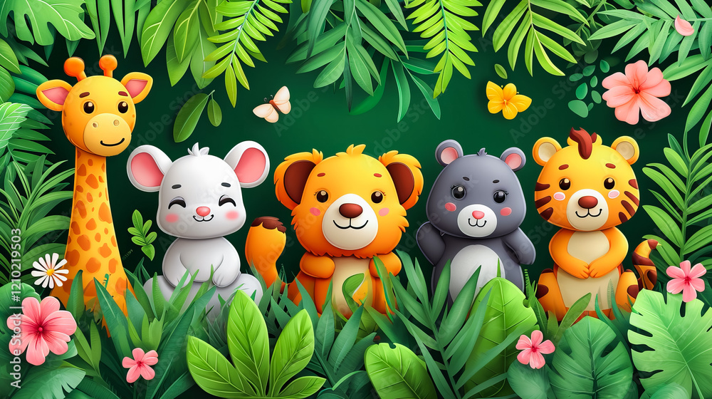 Naklejka premium Cute Cartoon Animals in Nature. Jungle Friends
