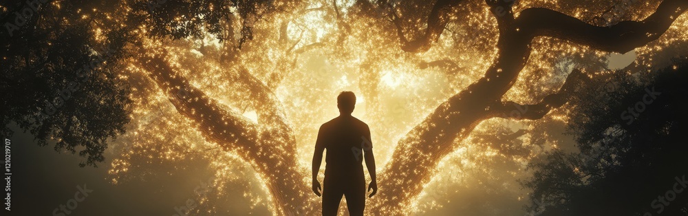 Obraz premium Silhouette of a man standing before a glowing mystical tree in an enchanted forest at twilight