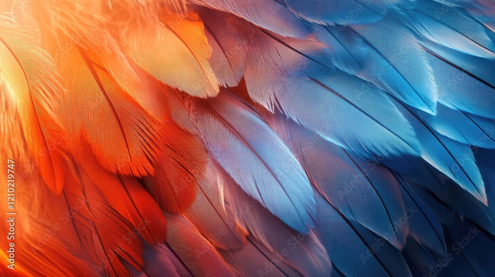 Obraz premium Artistic composition of orange and blue feathers overlapping, with soft lighting emphasizing their radiant hues.