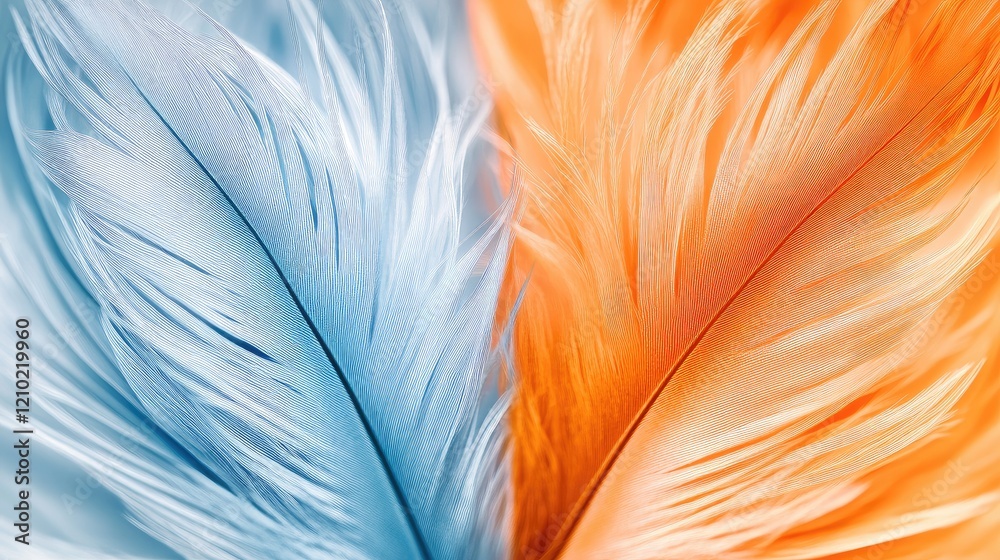 Fototapeta premium Artistic macro view of orange and blue feathers side by side, highlighting their bold colors and delicate textures.