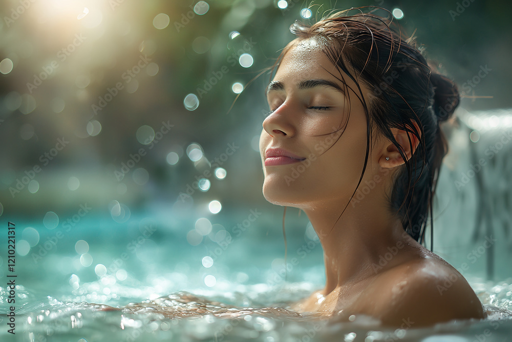 A woman is in a pool, smiling and enjoying the water A woman is in a pool, smiling and enjoying the water
