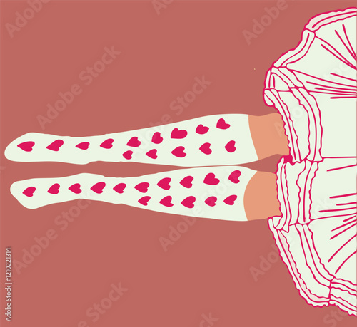 Flat vector illustration of woman legs lying on the floor near each other. The white with pink hearts golfs and white tutu dress are on the feets.