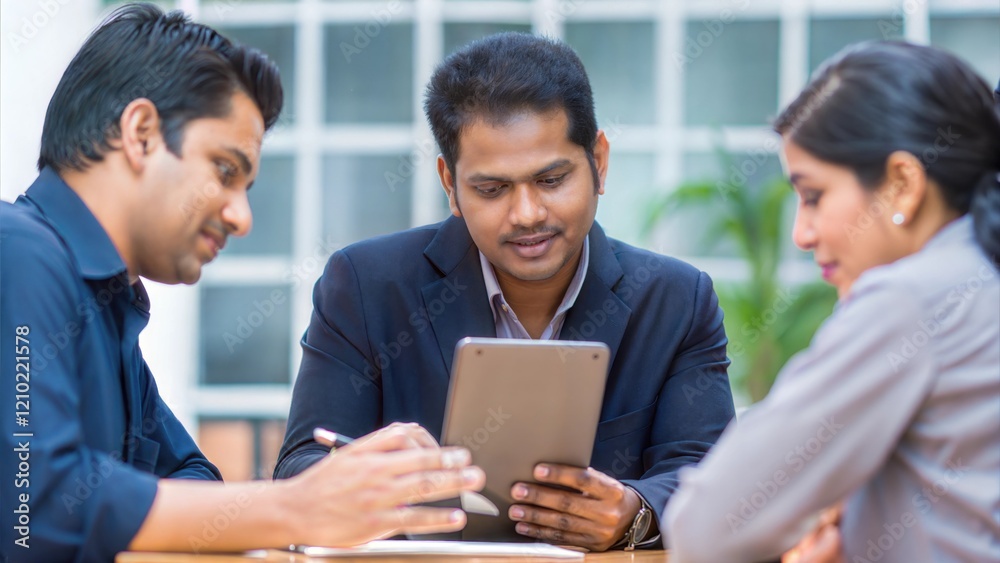 Indian team leader using a tablet to explain a strategy to colleagues.
Indian team leader using a tablet to explain a strategy to colleagues.