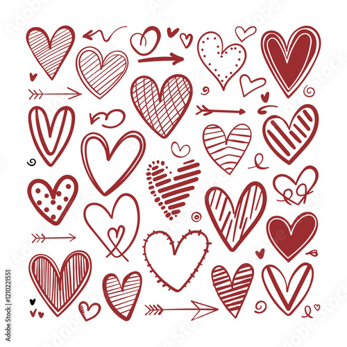 Vector illustration. Red hearts in different shapes and styles on a white background, doodle textures of stripes, waves, dots. There are additional elements like arrows.