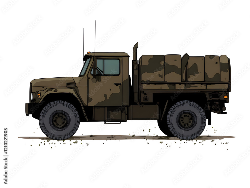 A clean vector of an army truck with supplies, symbolizing logistics in war. Army supply truck design.
A clean vector of an army truck with supplies, symbolizing logistics in war. Army supply truck design.