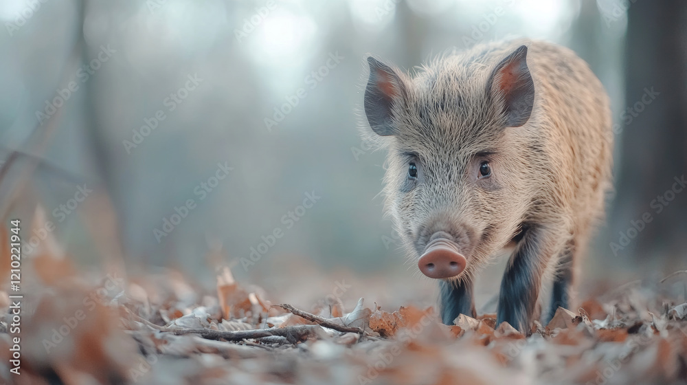Wild boar piglet foraging among dry leaves on the forest floor, embodying the charm of wildlife during the vibrant autumn season Wild boar piglet foraging among dry leaves on the forest floor, embodying the charm of wildlife during the vibrant autumn season