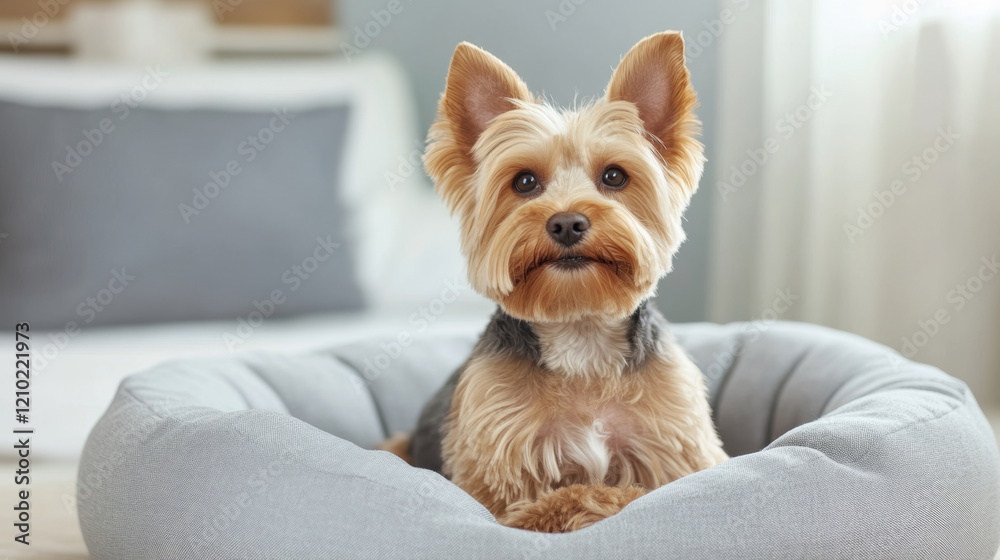 Small Yorkshire terrier dog relaxing in its gray bed in a cozy bedroom, enjoying a peaceful moment Small Yorkshire terrier dog relaxing in its gray bed in a cozy bedroom, enjoying a peaceful moment