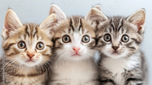 Three small kittens are waiting to be adopted in a clean animal shelter, conveying a sense of innocence and vulnerability