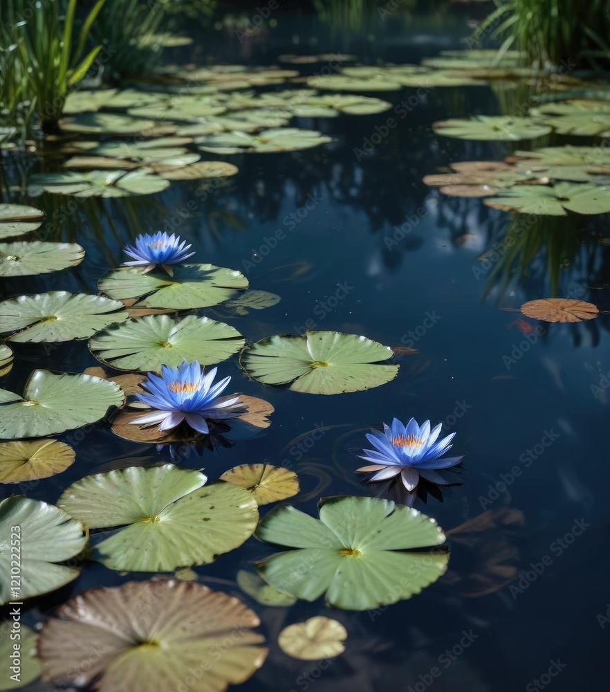 Blue water lily blooms floating on the surface of a still pond, aquatic flowers, nature photography Blue water lily blooms floating on the surface of a still pond, aquatic flowers, nature photography