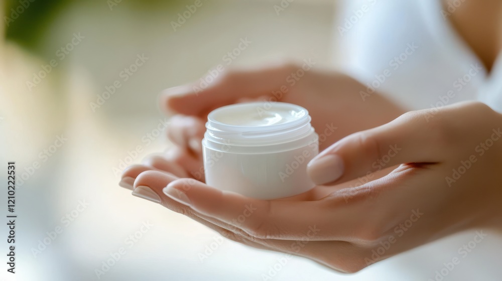 Hands gently holding a small jar of skincare cream in a serene indoor setting during daylight Hands gently holding a small jar of skincare cream in a serene indoor setting during daylight