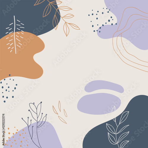 Vector illustration. Smooth abstract shapes with leaf textures and contour elements. Pastel colors such as blue, cream, orange.