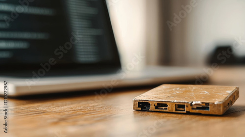 Damaged external hard drive lying on wooden surface near laptop screen displaying corrupted code, revealing potential data loss scenario photo