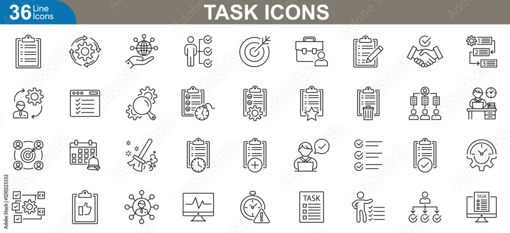 Task management line Icons set. Vector illustration featuring productivity tools, workflow symbols, and project organization elements for business and personal Use. Task management line Icons set. Vector illustration featuring productivity tools, workflow symbols, and project organization elements for business and personal Use.
