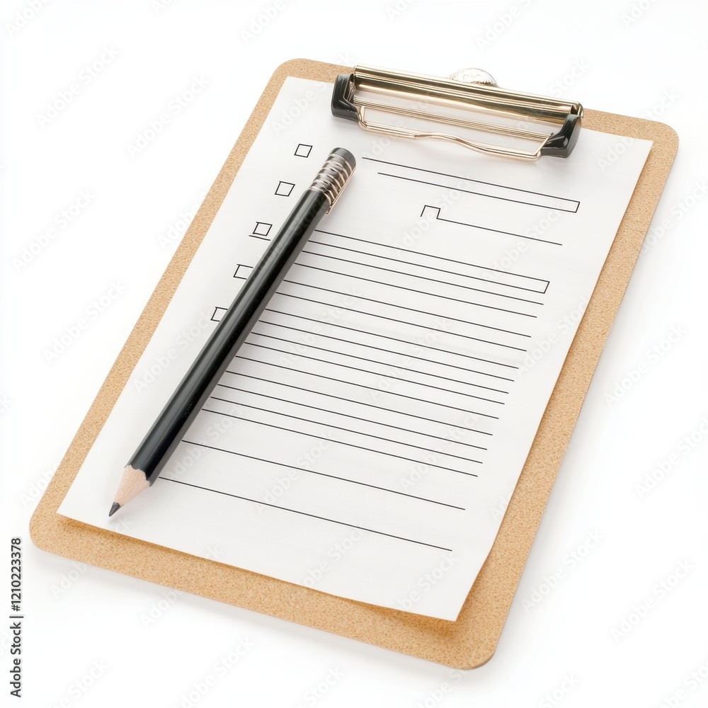 Employee evaluation form with checklist and pencil on clipboard used during performance reviews in an office setting Employee evaluation form with checklist and pencil on clipboard used during performance reviews in an office setting