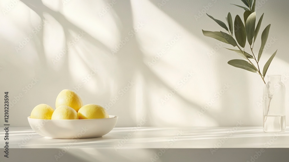 Lemons in a Bowl with Eucalyptus Branch. Lemons in a Bowl with Eucalyptus Branch.