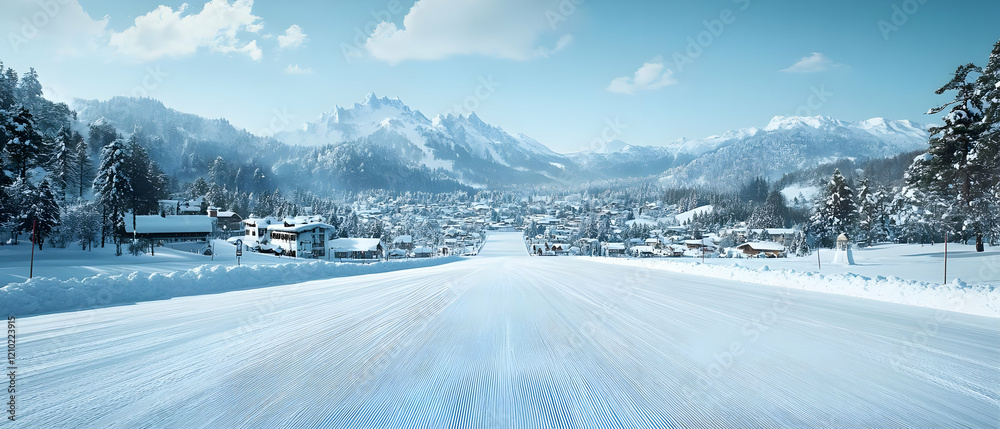 Snowy road, village, mountains, winter travel Snowy road, village, mountains, winter travel