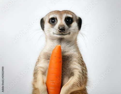 Erdmännchen mit Karotte – Charmantes Tier und knackiges Gemüse auf weißem Hintergrund photo