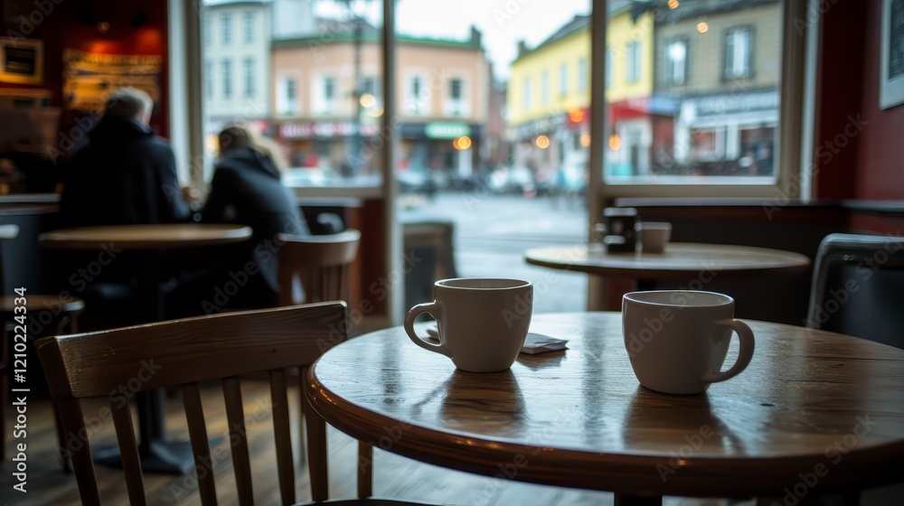 Two Coffee Cups on Wooden Table in Cafe Rainy Day City View Two Coffee Cups on Wooden Table in Cafe Rainy Day City View