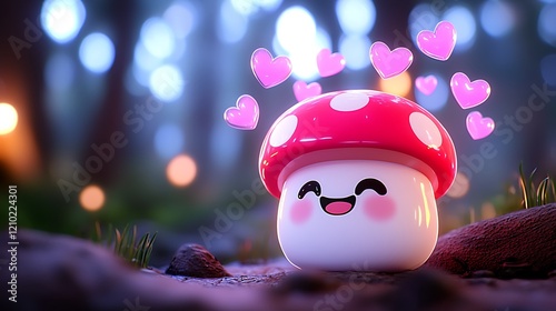 Cute cartoon mushroom with hearts in enchanted forest. photo